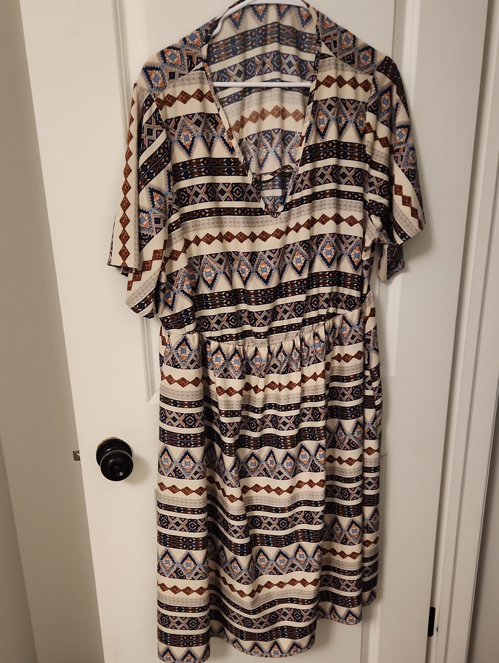 BloomChic Cream Midi Dress with Navy and Brown Geometric Print